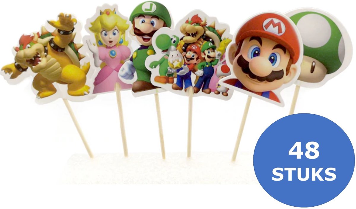 Cupcake Toppers | Mario | Taartversiering | Cocktailprikkers | 48 Stuks